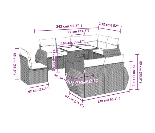 Set de sofás de jardín 9 pzas con cojines ratán sintético beige