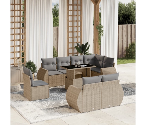 Set de sofás de jardín 9 pzas con cojines ratán sintético beige