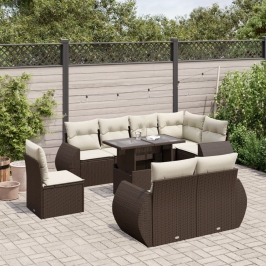 Set de sofás de jardín 9 pzas y cojines ratán sintético marrón