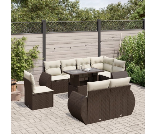 Set de sofás de jardín 9 pzas y cojines ratán sintético marrón