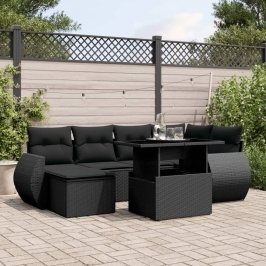 Set de sofás de jardín 7 pzas con cojines ratán sintético negro