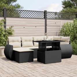 Set de sofás de jardín 7 pzas con cojines ratán sintético negro