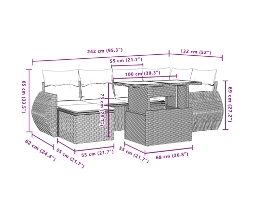 Set sofás de jardín 7 piezas y cojines ratán sintético beige