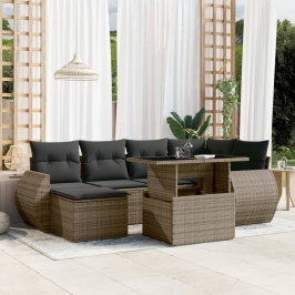 Set de sofás de jardín 7 pzas con cojines ratán sintético gris