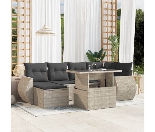 Set de sofás de jardín 7 pzas con cojines ratán PE gris claro