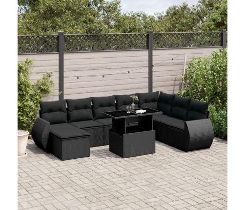 Set de sofás de jardín 8 piezas y cojines ratán sintético negro