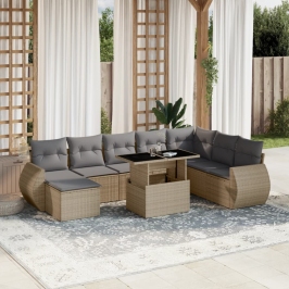 Set de sofás de jardín 9 pzas con cojines ratán sintético beige