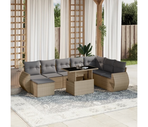 Set de sofás de jardín 9 pzas con cojines ratán sintético beige