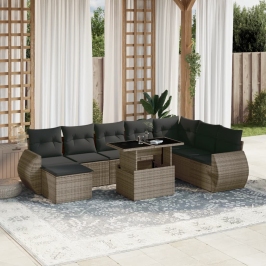 Set de muebles de jardín 9 pzas y cojines ratán sintético gris
