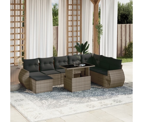Set de muebles de jardín 9 pzas y cojines ratán sintético gris