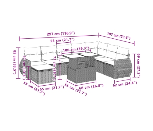 Set muebles jardín 9 pzas y cojines ratán sintético gris claro