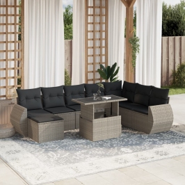 Set muebles jardín 9 pzas y cojines ratán sintético gris claro