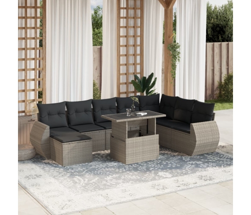 Set muebles jardín 9 pzas y cojines ratán sintético gris claro