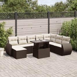 Set de sofás de jardín 9 pzas y cojines ratán sintético marrón
