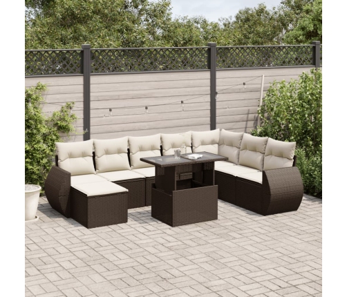 Set de sofás de jardín 9 pzas y cojines ratán sintético marrón