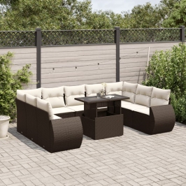 Set de sofás de jardín 10 pzas y cojines ratán sintético marrón