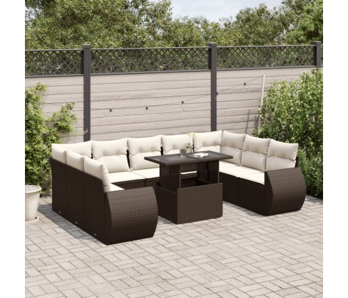 Set de sofás de jardín 10 pzas y cojines ratán sintético marrón
