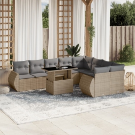 Juego de sofás jardín con cojines beige 10 pzas ratán sintético