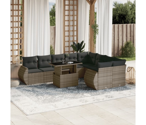 Set de sofás de jardín 10 pzas con cojines ratán sintético gris