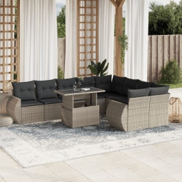Set sofás jardín 10 pzas con cojines ratán sintético gris claro