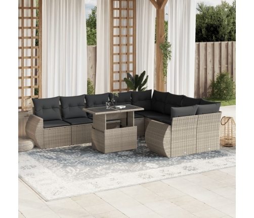 Set sofás jardín 10 pzas con cojines ratán sintético gris claro