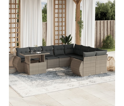 Set sofás jardín 10 pzas con cojines ratán sintético gris claro