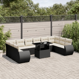 Set de sofás de jardín 11 pzas y cojines ratán sintético negro