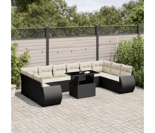 Set de sofás de jardín 11 pzas y cojines ratán sintético negro