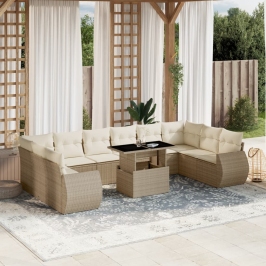 Set de sofás de jardín 11pzas con cojines ratán sintético beige