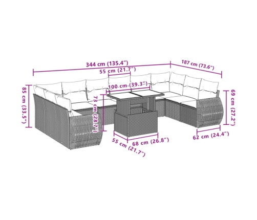 Set de sofás de jardín 11pzas con cojines ratán sintético beige
