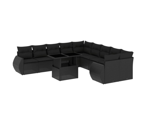 Set de sofás de jardín 11 pzas y cojines ratán sintético negro