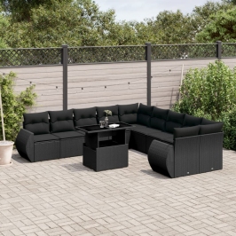 Set de sofás de jardín 11 pzas y cojines ratán sintético negro