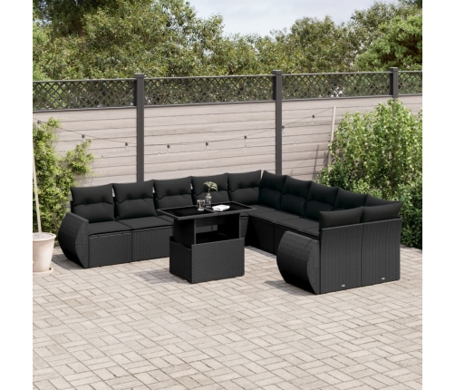 Set de sofás de jardín 11 pzas y cojines ratán sintético negro