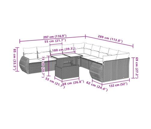 Set de sofás de jardín 11pzas con cojines ratán sintético beige