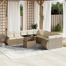 Set de sofás de jardín 11pzas con cojines ratán sintético beige