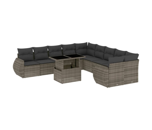 Set de sofás de jardín 11 pzas y cojines ratán sintético gris