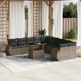 Set de sofás de jardín 11 pzas y cojines ratán sintético gris