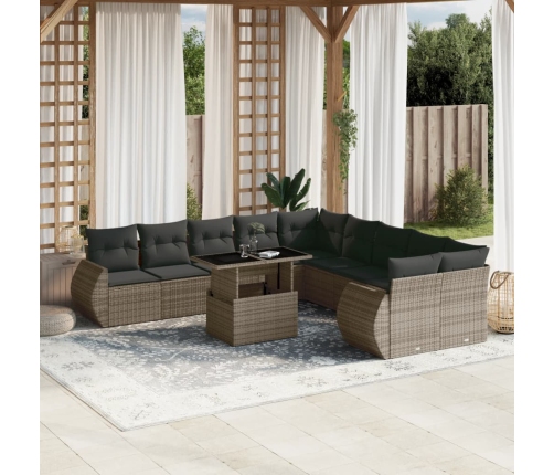 Set de sofás de jardín 11 pzas y cojines ratán sintético gris