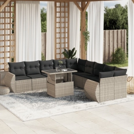 Set de sofás de jardín 11 pzas y cojines ratán sintético gris