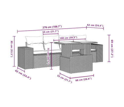 Set de muebles de jardín 5 pzas y cojines ratán sintético negro