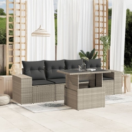 Set de sofás jardín y cojines 5 pzas ratán sintético gris claro