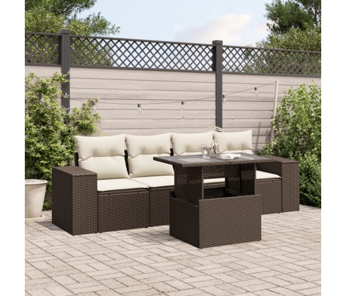 Set comedor de jardín 5 piezas y cojines ratán sintético marrón