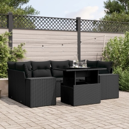 Set de sofás de jardín 7 pzas con cojines ratán sintético negro