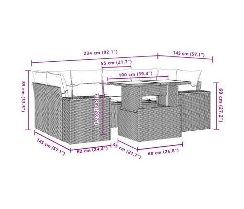Set sofás de jardín 7 piezas y cojines ratán sintético beige