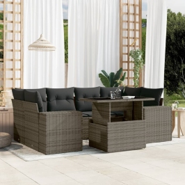 Set de sofás de jardín 7 pzas con cojines ratán sintético gris
