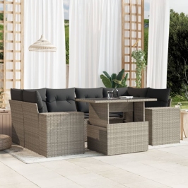 Set de sofás de jardín 7 pzas con cojines ratán PE gris claro