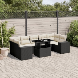 Set de sofás de jardín 8 piezas y cojines ratán sintético negro