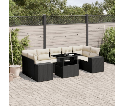 Set de sofás de jardín 8 piezas y cojines ratán sintético negro