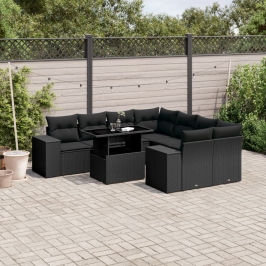 Set de sofás de jardín 8 piezas y cojines ratán sintético negro