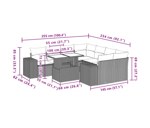 Set de sofás de jardín 9 pzas con cojines ratán sintético beige